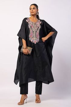 Black kaftan crafted in silk base featuring resham embroidery in paisley and floral pattern. Paired with a solid straight pant. - Aza Fashions Black Kaftan, Resham Embroidery, Pant For Women, Pant Women, Diagonal Stripes, Indian Designer Wear, Indian Design, Embroidered Silk, Designer Wear