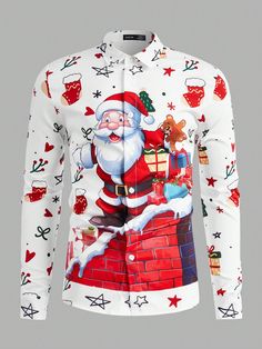 Men Christmas Santa Claus Print Shirt Multicolor Party  Long Sleeve Woven Fabric Christmas Shirt Non-Stretch  Men Clothing, size features are:Bust: ,Length: ,Sleeve Length: Christmas Shirts Mens, Christmas Tee Shirts For Men, Santa Christmas Shirts, Long Sweatshirt Dress, Streetwear Blouse, Christmas Street, Printed Shirts Men, Funny Santa Claus, Christmas Santa Claus