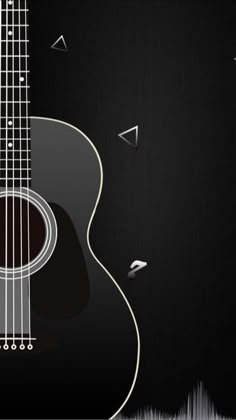 an acoustic guitar with sound waves coming out of the top and bottom sides, in front of a black background