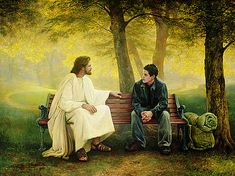 a painting of jesus talking to a man sitting on a bench