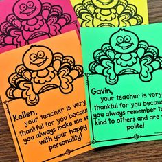 three colorful cards with cartoon characters on them, one is for teacher and the other is for