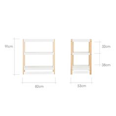 two white shelves are shown with measurements for each shelf in the same size and width