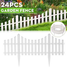 garden fence with white picket posts and flowers in the background