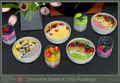 there are many bowls with different foods in them