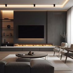 modern living room with fireplace and large screen tv