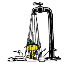 a drawing of a person standing under a faucet with water coming from it