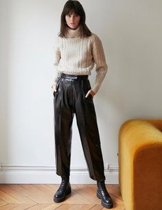 Mariah Core, Thursday Outfit, Leather Motorcycle Pants, Combat Boot Outfit, Style Types, Cropped Cable Knit Sweater, Pixie Market, Leather Pants Outfit, Black Leather Pants