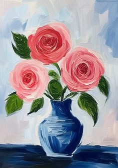 a painting of three pink roses in a blue vase