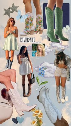 the collage shows many different images of women in boots, dresses and hats with flowers on them