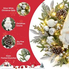 a christmas wreath with pine cones, silver and white balls and santa claus on it