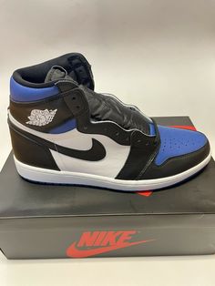 Brand new with box, Nike Men's Air Jordan 1 Retro High OG Royal Toe Sneakers Blue Black 55088-041 Size 9.5 US. Free shipping included. 100% authentic. Nike Air Force 1 Breathable For Sports, Breathable Blue Synthetic Jordan Shoes, Blue Sporty Jordan Training Shoes, Sporty Blue Jordan Training Shoes, Sporty Blue Jordan Shoes For Training, Blue Jordan Training Shoes With Boost Midsole, Custom Synthetic Training Sneakers, Nike Jordan Blue Sports Shoes, Nike Jordan Sports Shoes In Blue