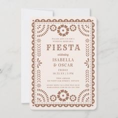 a wedding card with the word fiesta on it and an ornate border in brown ink