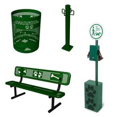 four different types of green benches and trash cans, including one with a sign on it