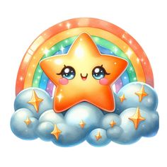 a cartoon star sitting on top of a cloud in front of a rainbow and stars