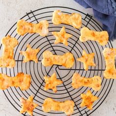 several pieces of food on a wire rack