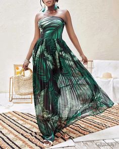 Lasaky - Tropical Print Sheer Mesh Pleated Maxi Dress Vacation Lined Green Maxi Dress, Vacation Green Lined Maxi Dress, Green Summer Maxi Dress For Evening, Green Summer Evening Maxi Dress, Mesh Party Dress, Dress Name, Lace Bridal Gown, Pleated Maxi Dress, Pleated Maxi