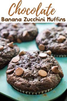 chocolate banana zucchini muffins on a blue plate with text overlay