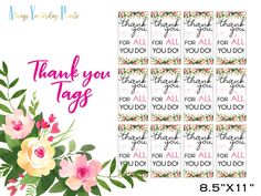 thank you tags with pink flowers and greenery on the front, set of 8