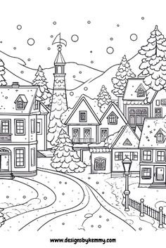 a winter scene with houses and trees