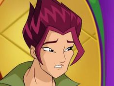 an anime character with red hair and green shirt looking at the camera while he's frowning