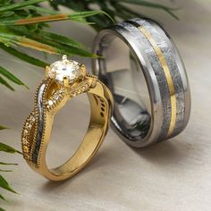 Matching Meteorite Wedding Rings Meteorite Wedding Ring, Gold Accent Jewelry, Meteorite Engagement Ring, Meteorite Wedding Rings, Meteorite Rings, Space Ring, Meteorite Wedding Band, Wedding Ring Sets Unique, Gibeon Meteorite