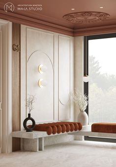 a room with a bench, vase and large window overlooking the trees in the distance