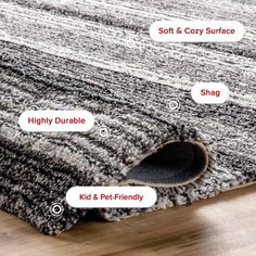 an area rug with the names and description on it, including soft & cozy surfaces