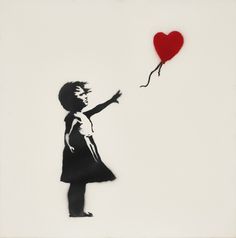 a drawing of a girl holding a red balloon with a heart shaped string attached to it