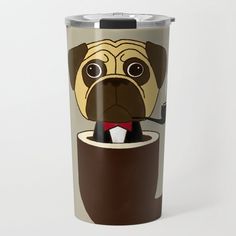 a coffee cup with a pug wearing a bow tie and holding a pipe in its mouth