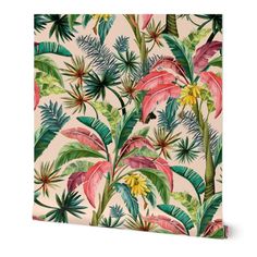 a pink and green tropical wallpaper with palm trees, flowers and leaves on it