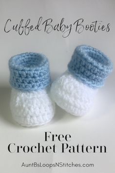 two crocheted baby booties with the words free crochet pattern on them