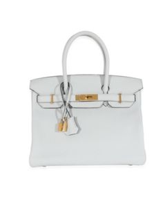 Pre-Owned Hermes Bleu Pale Clemence Birkin 30 Ghw with Gold Hardware, circa 2020. Condition: Excellent. White Bags With Lock For Everyday, Elegant White Bag With Lock, Elegant White Bags With Lock, White Travel Bags With Lock, Birkin 30, Hermes Birkin 30, Hermes Birkin, Leather Handbag, Gold Hardware