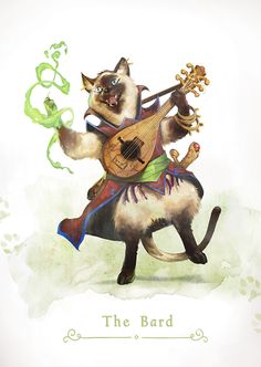 a painting of a cat with a guitar in its paws and the caption, the bard