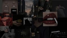 a collage of photos with red lips and white teeth in the city at night