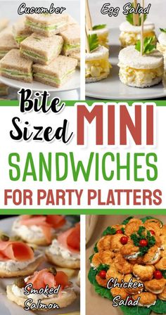 mini sandwiches for party platters with text that reads bite sized mini sandwiches for party platters