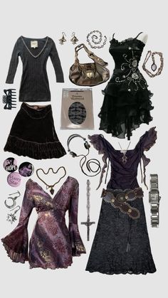 an assortment of women's clothing and accessories arranged on top of eachother