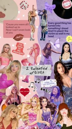 a collage of barbie dolls with different names and pictures on the wall behind them