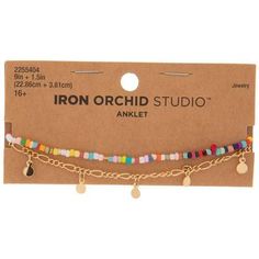 the iron orchid studio anklet is shown in gold and multicolored beaded beads