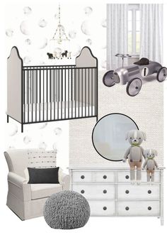 a baby's room with white furniture and accessories