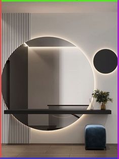 a room with a round mirror on the wall