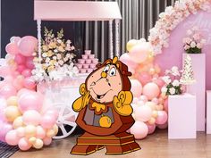 a cartoon character is standing in front of some balloons and flowers on the floor,