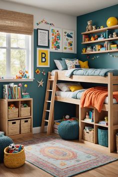 a child's bedroom with blue walls and wooden bunk beds, toys and bookshelves