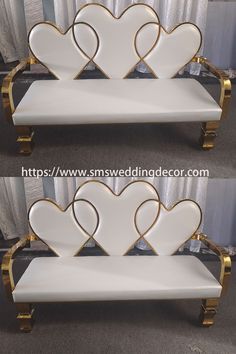 two white and gold benches with hearts on the back, one is made out of metal