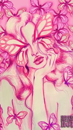 a drawing of a woman with butterflies on her face and hands behind her head, surrounded by pink butterflies