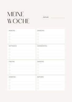 a menu with the words meine woche written in black and white on it