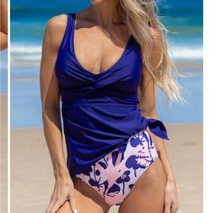 Twist Front Knot Floral Print Tankini Set Floral Print Knot Can Be Opened With Removable Soft Sponge Pads Without Underwire Shell Fabric: Chinlon, Spandex Lining Fabric: Polyester, Elastane Elegant Blue Tankini For Vacation, Elegant Blue Sleeveless Tankini, Tankini With Shorts, Cheap Swimsuits, Black Tankini, Printed Tankini, Tankini Set, Mini Dress Casual, Floral Print Shorts