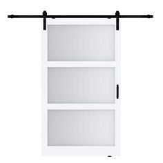 an open sliding door with white glass and black metal bars on the bottom, against a white background