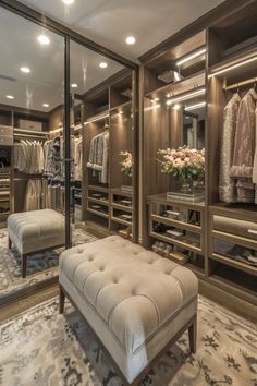 a walk - in closet with an ottoman and dressing area