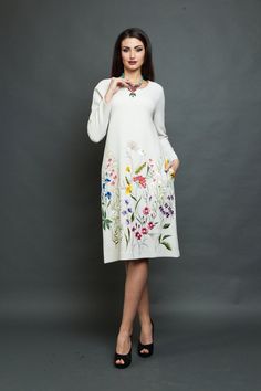 Knee length dress embroidered dress loose dress summer | Etsy White Floral Embroidered Dresses For Fall, Casual Floral Embroidered Midi Dress For Fall, Casual Fall Midi Dress With Floral Embroidery, Fall Tunic Dresses With Floral Embroidery, Fall Tunic Dress With Embroidered Hem, Fall Floral Embroidered Tunic Dresses, Fall Floral Embroidery Tunic Dresses, Loose Summer Dress, Bohemian Dresses Long