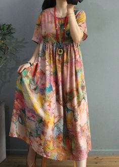 Bohemian Floral Silk Floss Robes O Neck Cinched Loose Summer DressThis dress is made of cotton or linen fabric, soft and breathy. Flattering cut. Makes you look slimmer and matches easily. Materials used: Silk flossMeasurement: One Size Bust 106cmlength 118cm / 46.45"bust 106cm / 41.73"Shoulder 39cm / 15.35"Sleeve length 25cm / 9.84"We ship worldwide.Tracking numbers provided for all orders. Bohemian Linen Dress With Floral Print, Casual Linen Dress With Floral Print, Casual Linen Dress With Floral Print For Beach, Bohemian Multicolor Linen Dresses, Bohemian Short Sleeve Linen Dress For Spring, Multicolor Linen Dress With Floral Print, Multicolor Linen Floral Print Dress, Multicolor Linen Spring Dress, Multicolor Floral Linen Dress